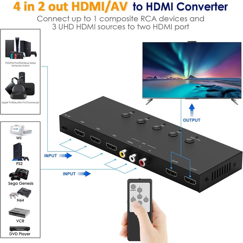 OseTub مفتاح HDMI و AV 2 في 1، 3 مدخلات HDMI + 1 مدخل RCA مع 2 مخرج HDMI، يدعم HDCP 2.2، 3D، نسبة العرض إلى الارتفاع 4:3/16:9، متوافق مع Xbox/Nintendo Switch/PS5/4، Roku/Wii/N64 - العب ألعاب حديثة وRetro على تلفازين - Image 3